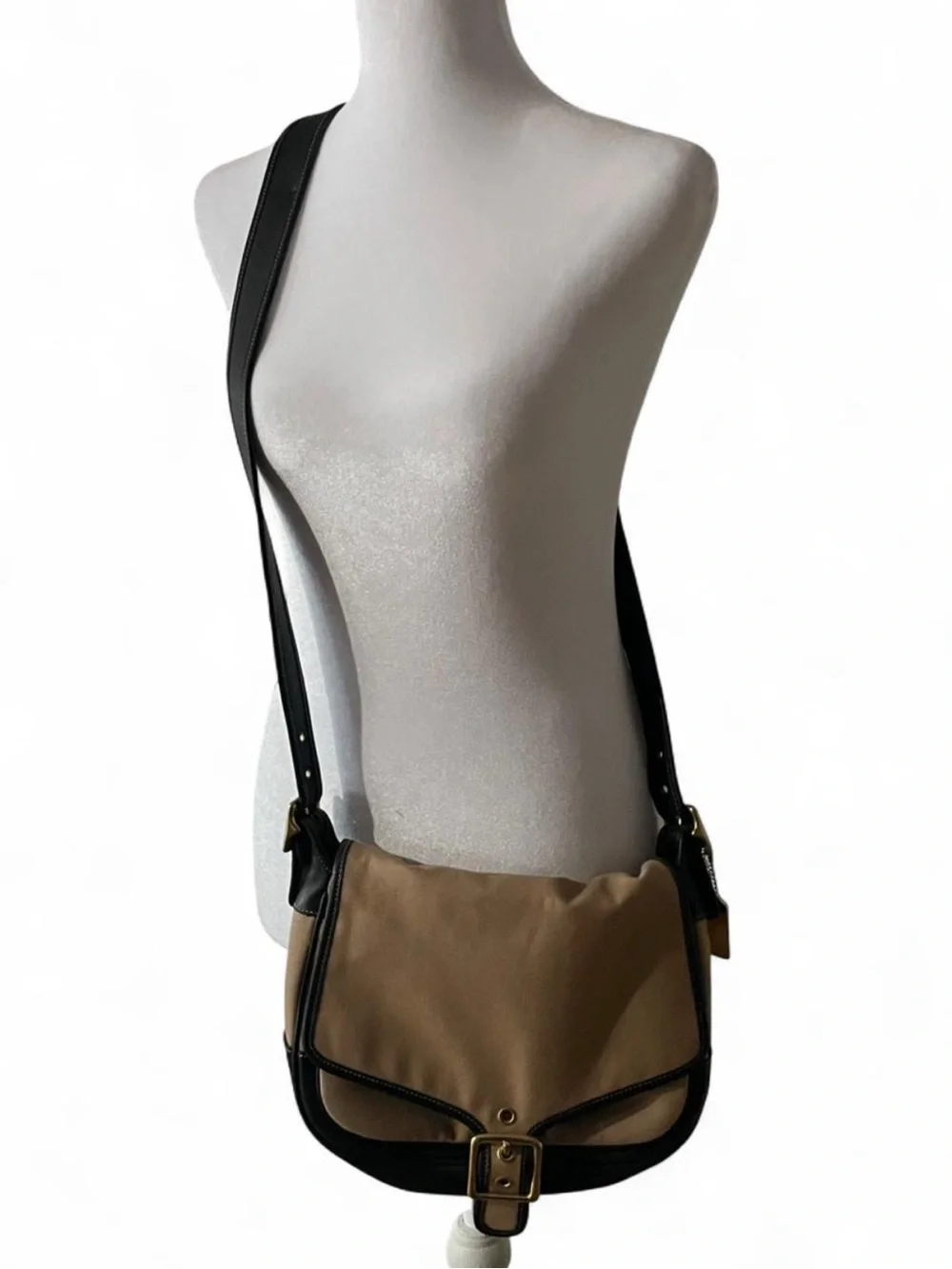 Coach Tan and Black Canvas Crossbody with Front Buckle